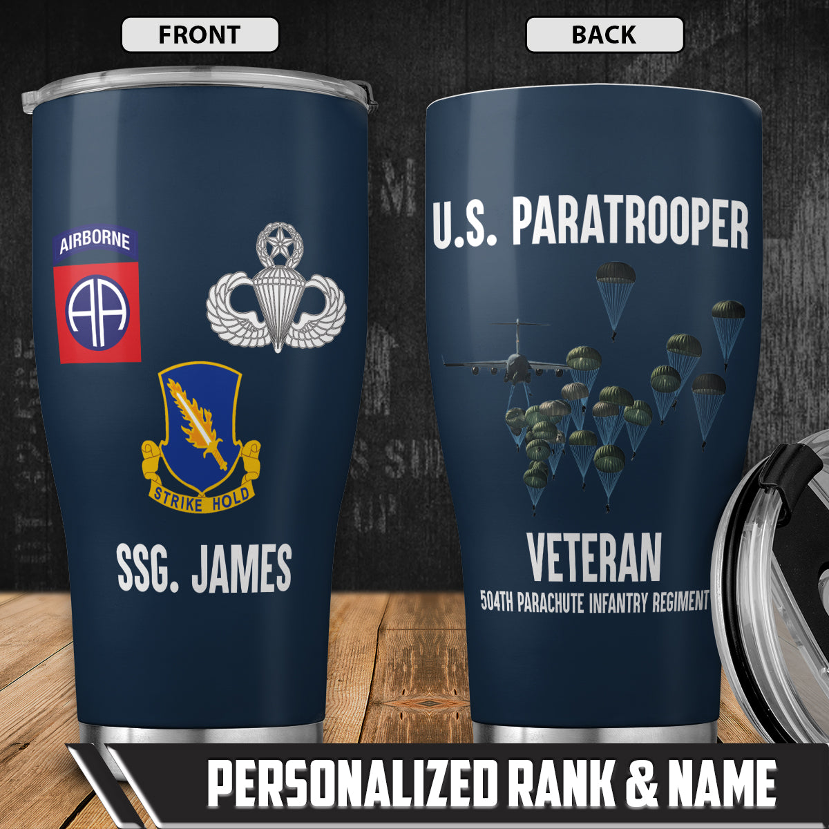Custom Name And Rank US Army 504th PIR, 82nd Airborne Master Jump Wings Paratrooper Veteran Tumbler 20oz