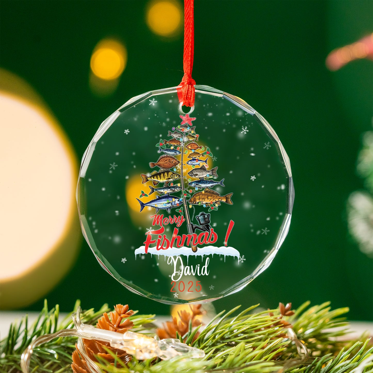 Custom Name And Year Fishing Christmas Glass Ornament
