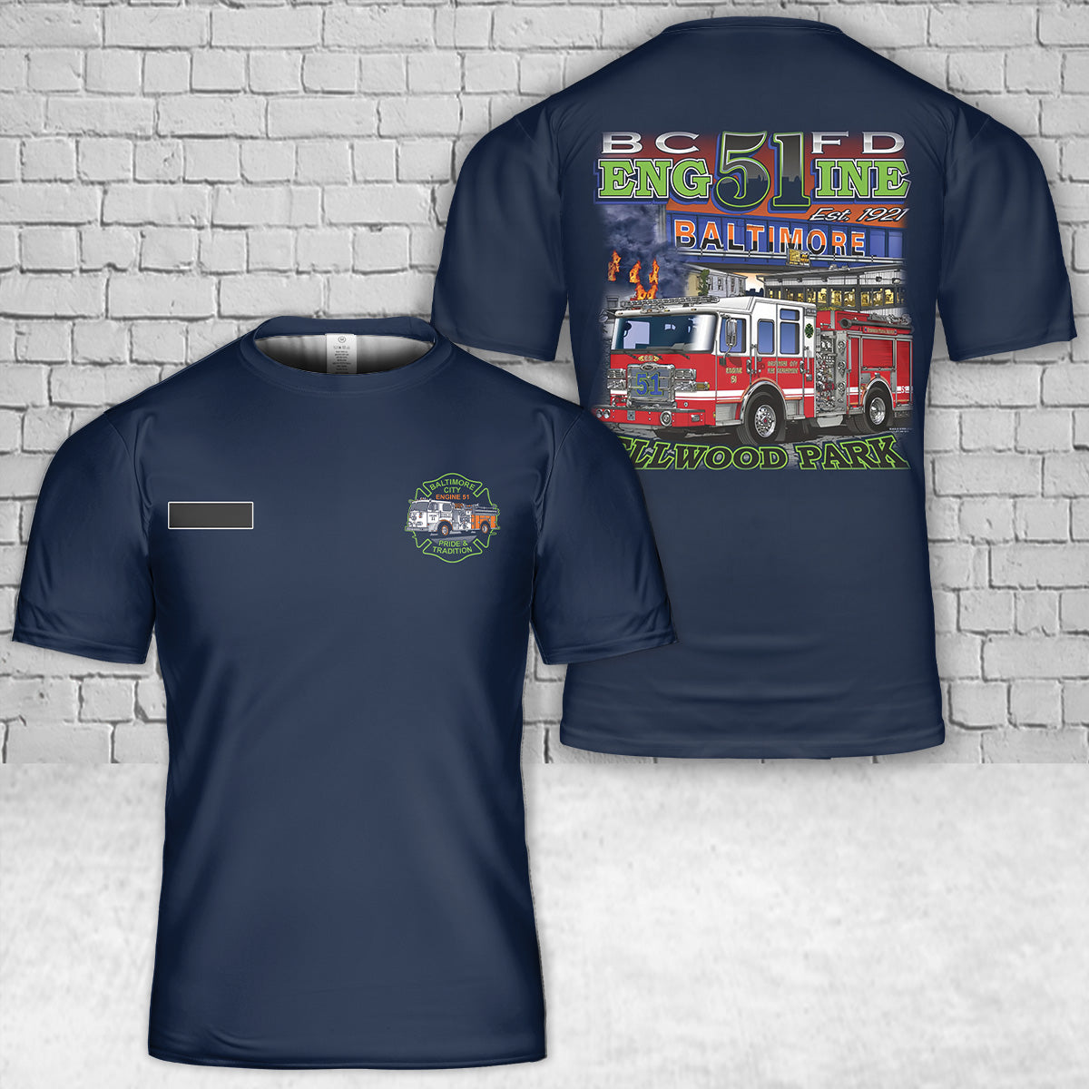 Custom Name Baltimore City E-51 Ellwood Park Fire T-Shirt 3D