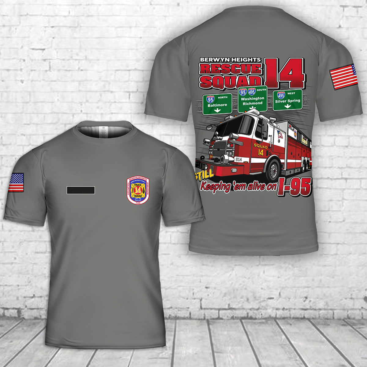 Custom Name Berwyn Heights, Maryland, Berwyn Heights Volunteer Fire Department & Rescue Squad Inc. Company 14 T-Shirt 3D