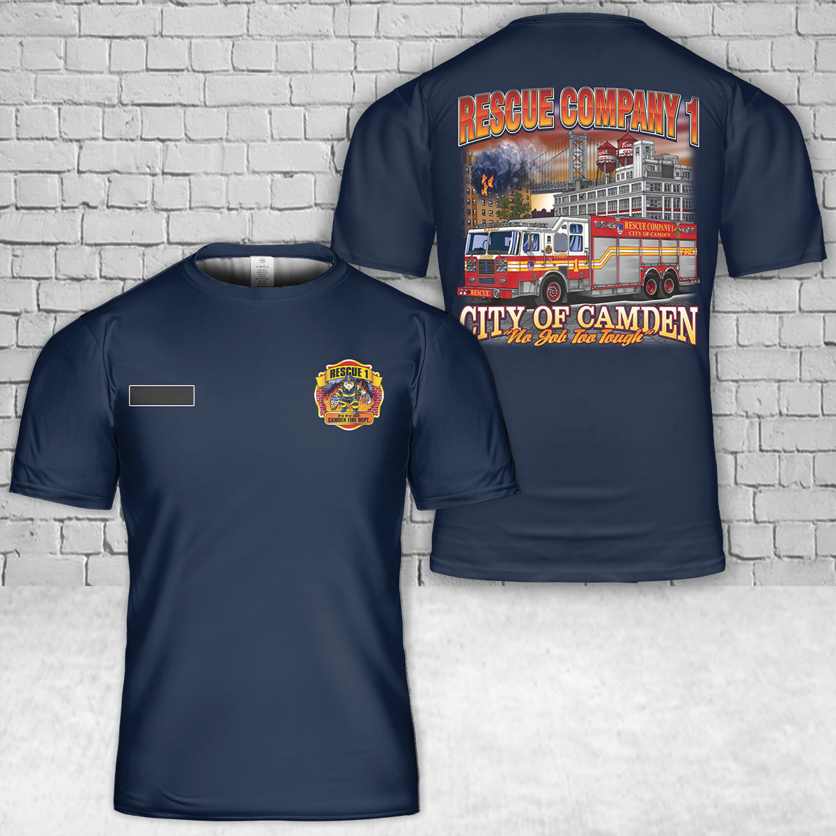 Custom Name Camden Rescue 1 "No Job Too Tough" Fire T-Shirt 3D