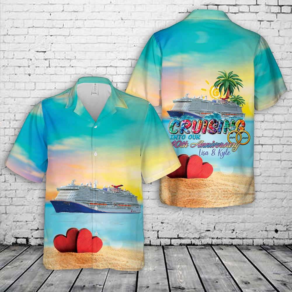 Custom Name Couple & Year Anniversary Carnival Cruise Line Mardi Gras Hawaiian Shirt