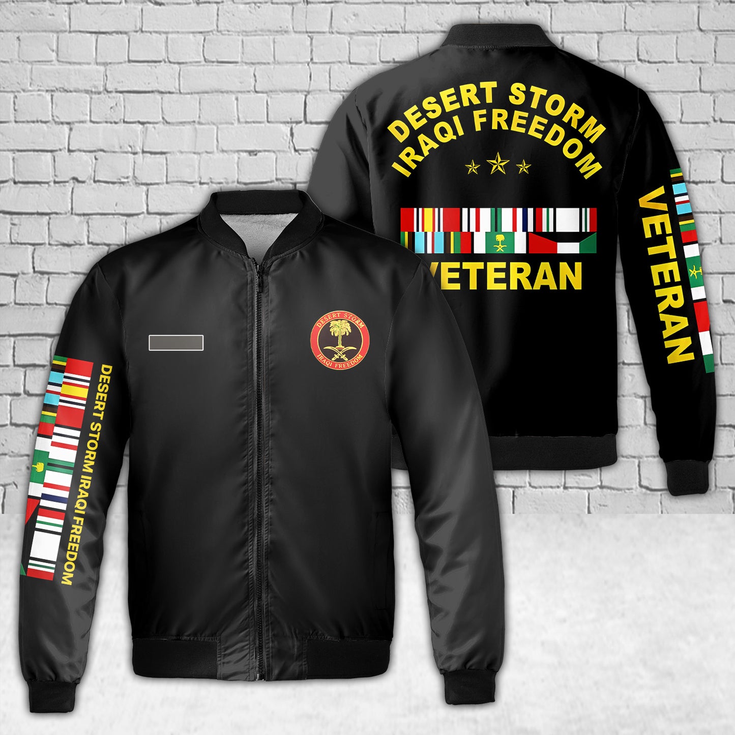 Custom Name Desert Storm Iraqi Freedom Veteran AOP Fleece Bomber Jacket