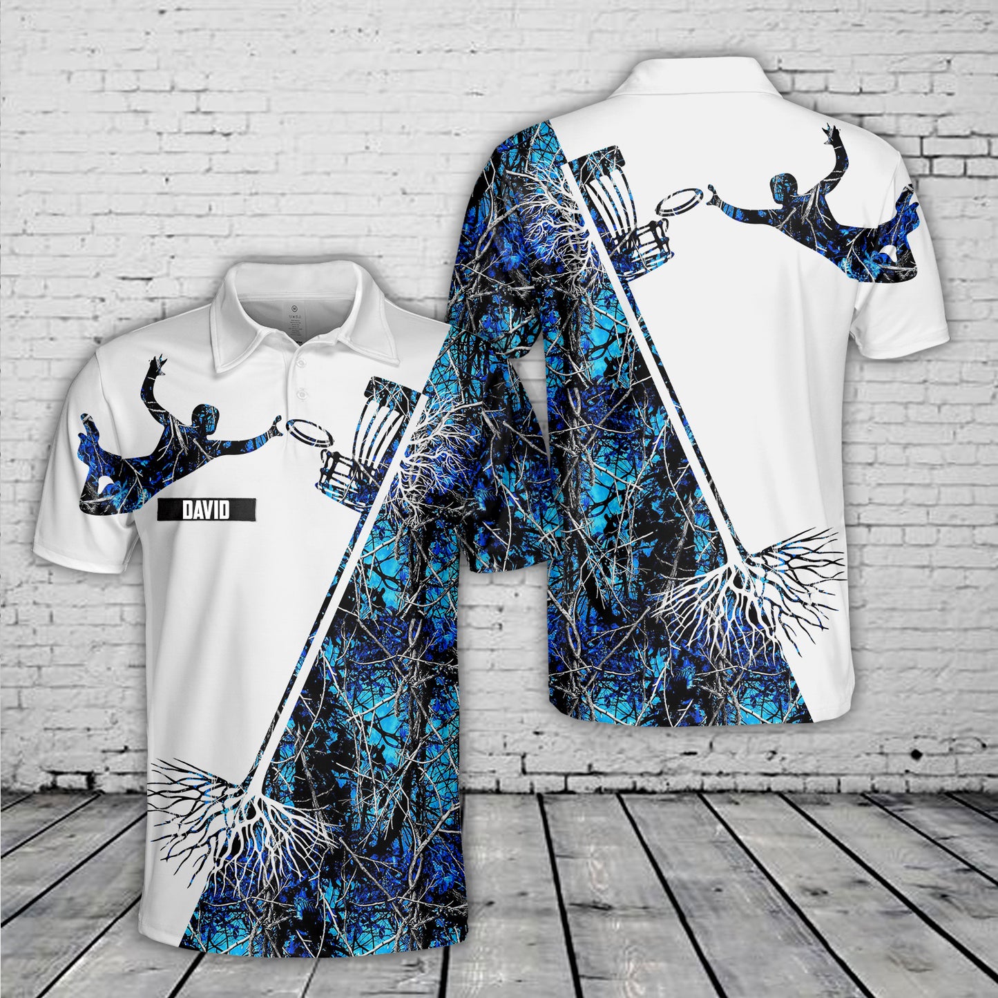 Custom Name Disc Golf Basket Blue Camo Polo Shirt