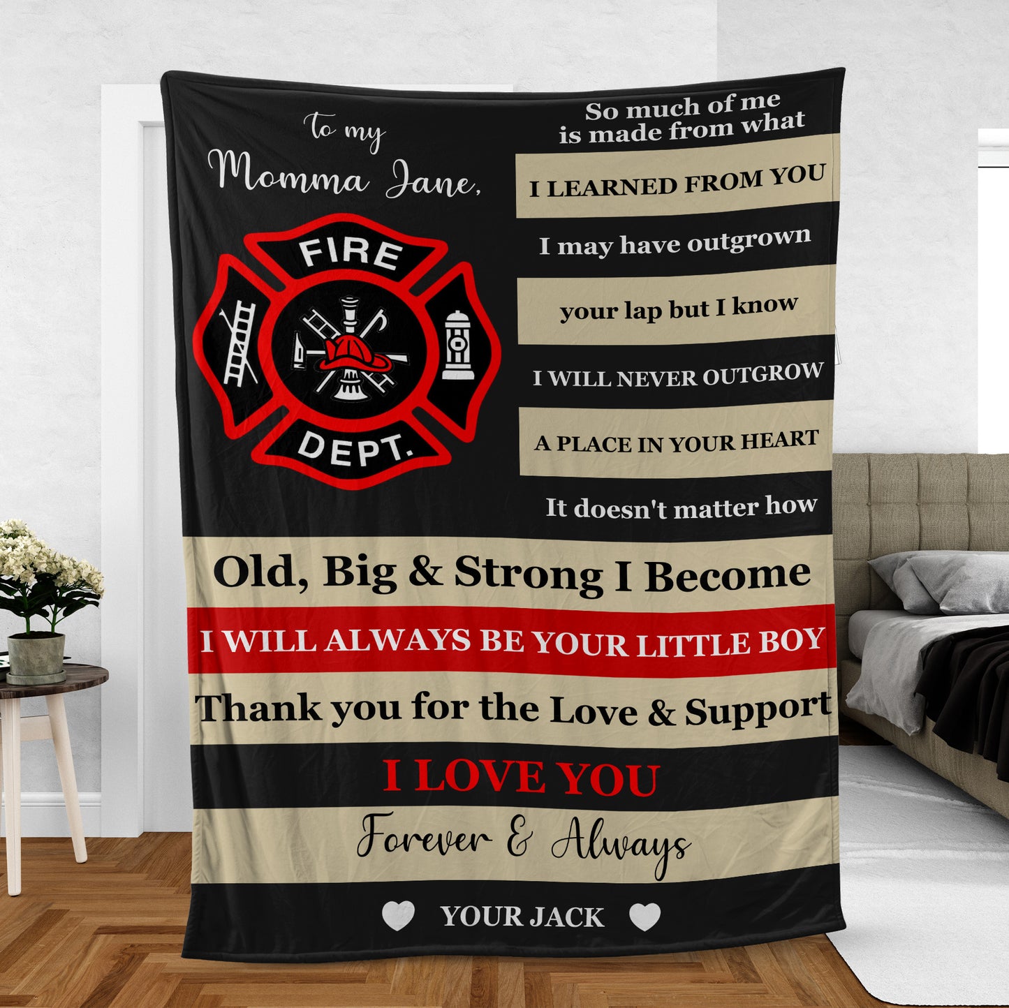 Custom Name Firefighter Gift for Mom from Firefighter Son Mother's Day Fleece Blanket (Lightweight)