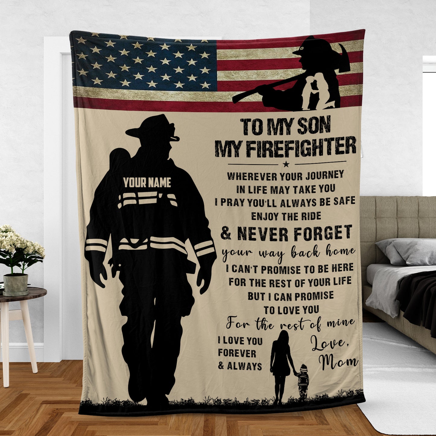 Custom Name Firefighter Gift from Mom to My Son Mother's Day Fleece Blanket (Lightweight)