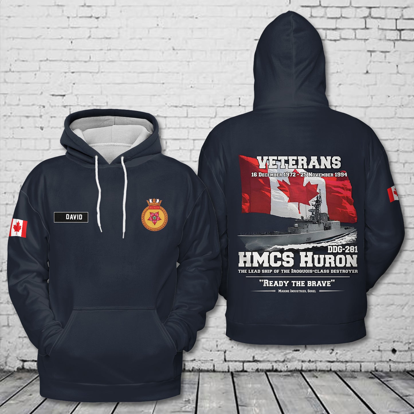 Custom Name HMCS HURON DDG-281 Destroyer Veteran 3D Hoodie