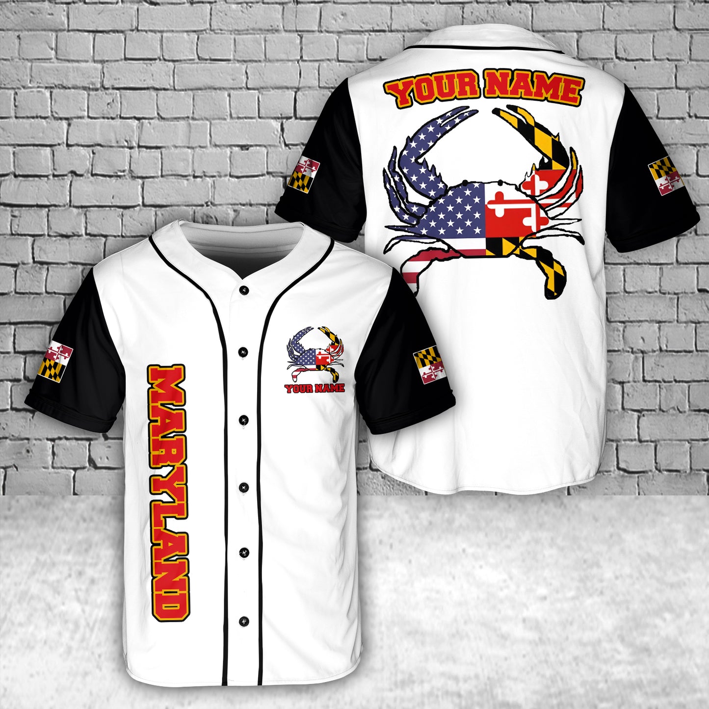 Custom Name Maryland & US Flag Crab Baseball Jersey