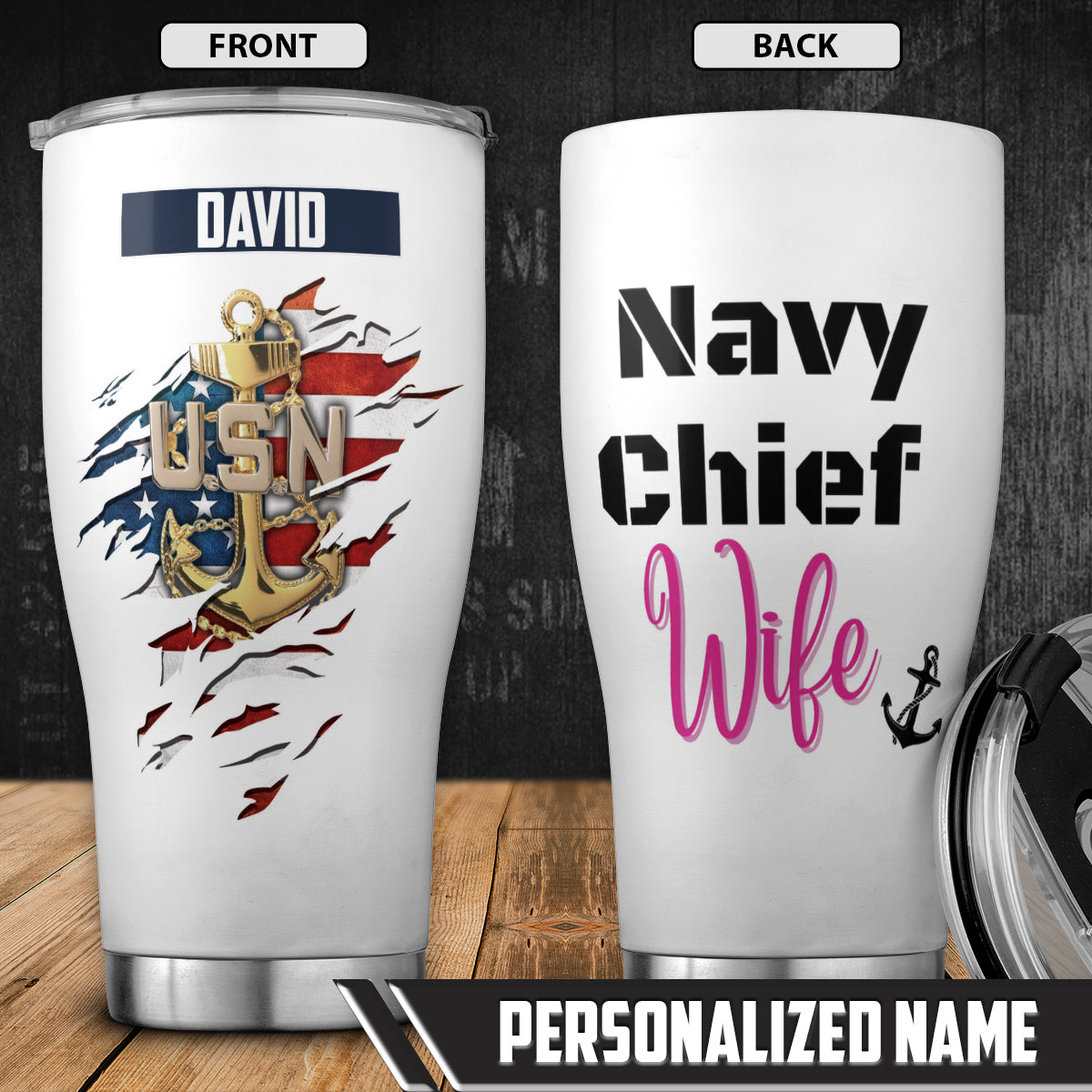 Custom Name Navy Chief Wife Stainless Tumbler 20oz (Made in US)