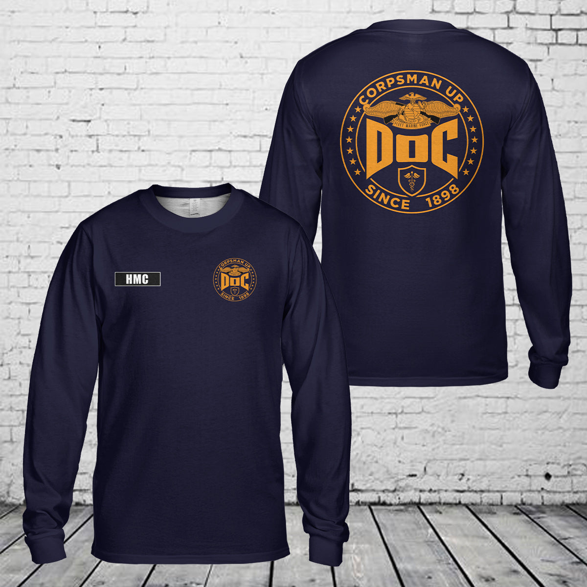 Custom Name Navy Devil Docs Fleet Marine Force and Corpsman Long Sleeve Shirt