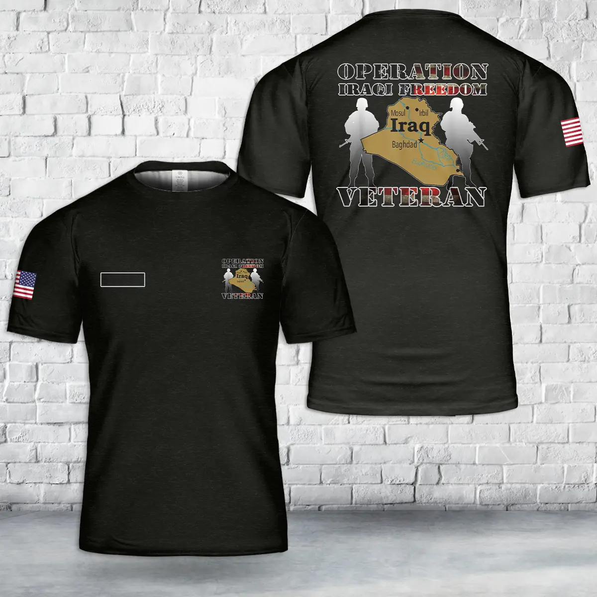 Custom Name Operation Iraqi Freedom Veteran Combat US Flag T-Shirt 3D