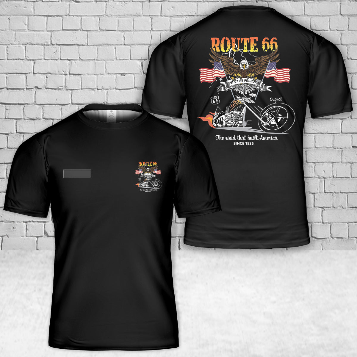 Custom Name Route 66 Feel The Freedom The Road That Built America Since 1926 Eagle Bike US Flag T-Shirt 3D