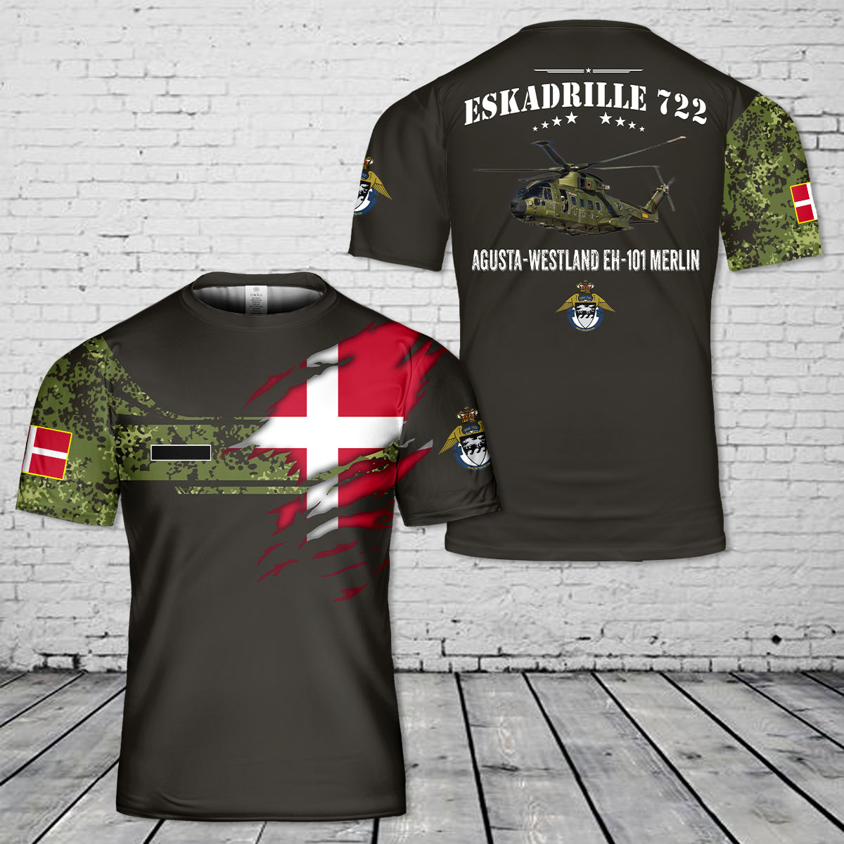 Custom Name Royal Danish Air Force Eskadrille 722 Agusta-Westland EH-101 Merlin T-Shirt 3D