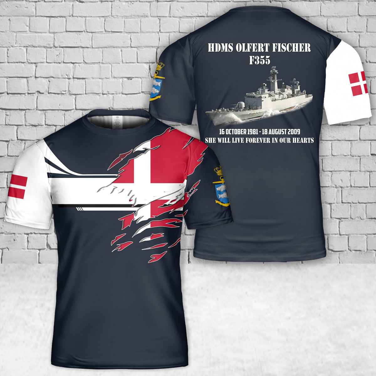 Custom Name Royal Danish Navy Kongelige Danske Marine - Corvette F355 HDMS Olfert Fischer T-Shirt 3D