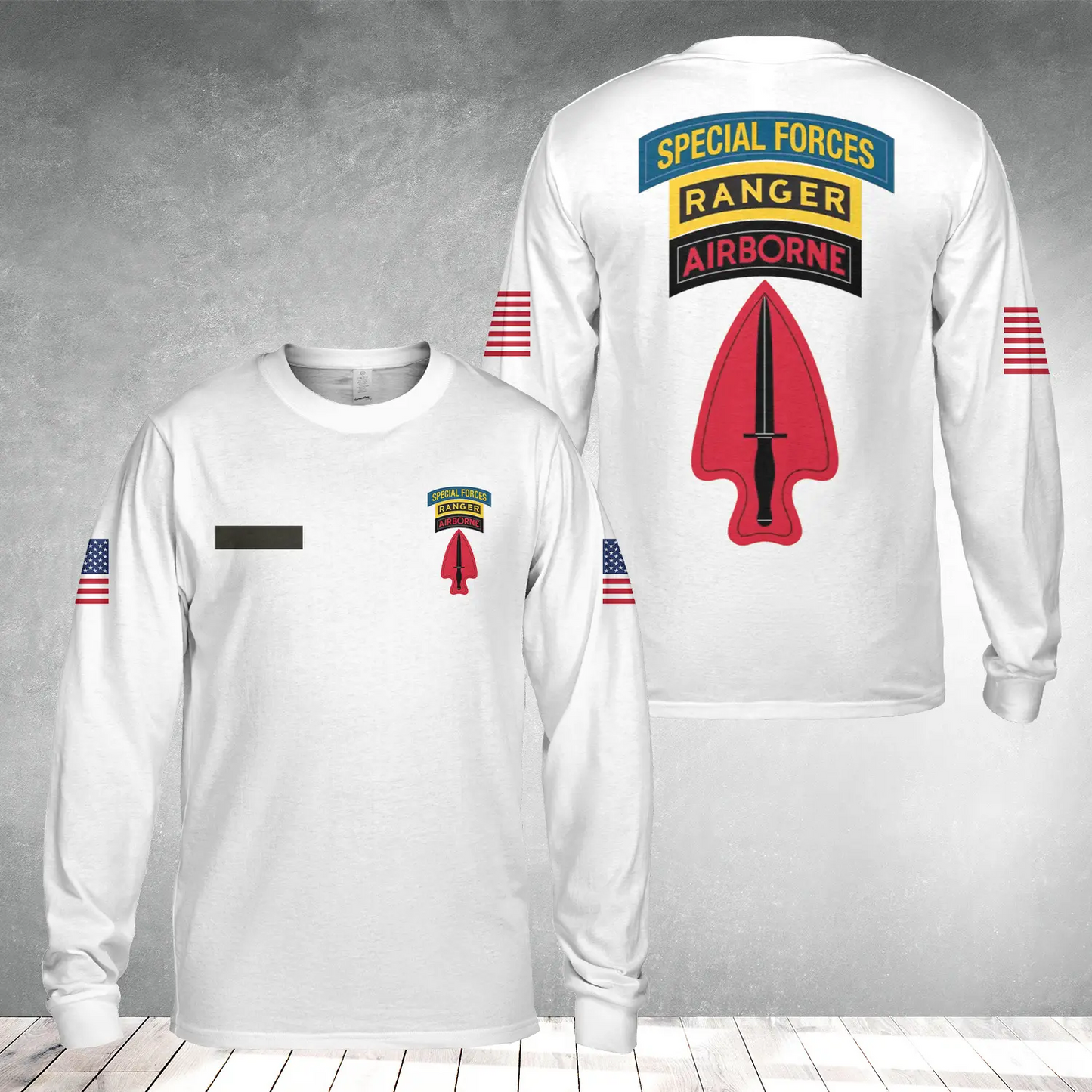 Custom Name Special Operations Command with Airborne, Ranger and Special Forces Tab AOP Long Sleeve Shirt