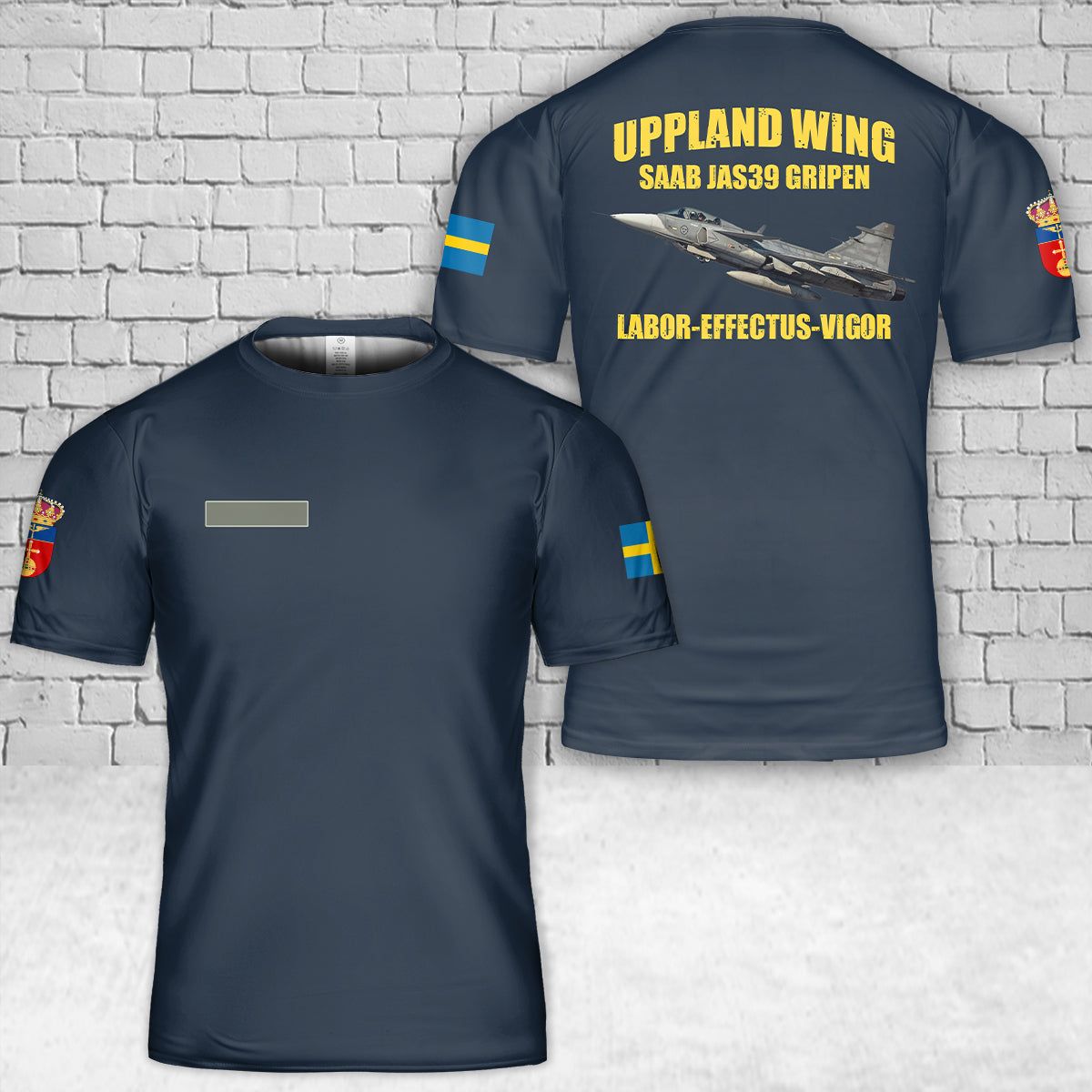 Custom Name Swedish Air Force Uppland Wing Saab JAS39 Gripen T-Shirt 3D