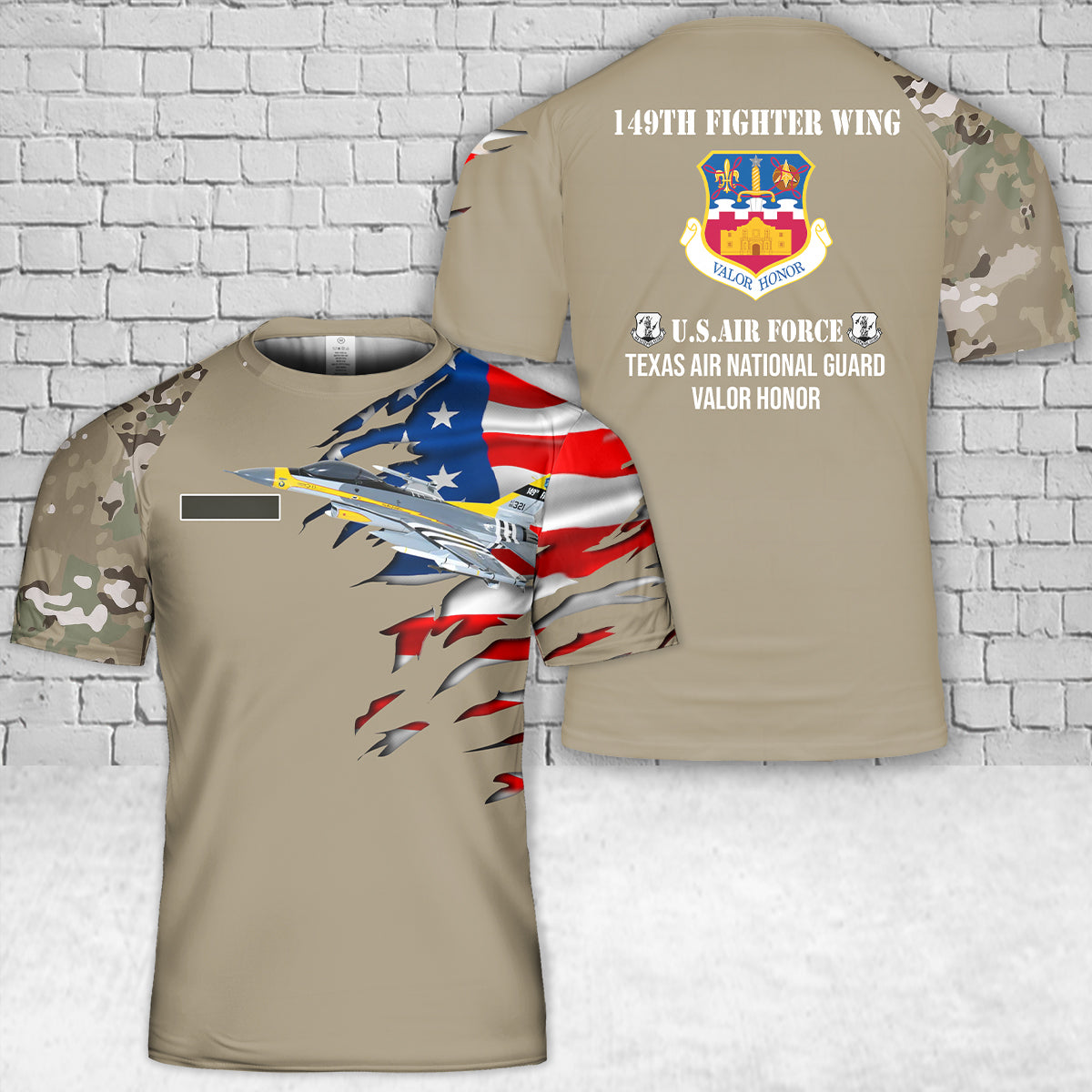 Custom Name Texas Air National Guard 149th Fighter Wing F-16 Fighting Falcon T-Shirt 3D