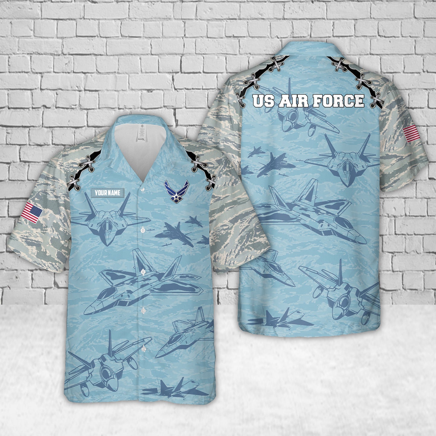 Custom Name US Air Force F-22 Raptor Aircraft Camo Hawaiian Shirt