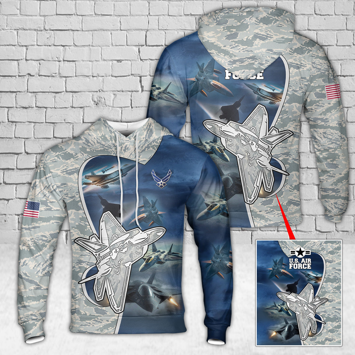 Custom Name US Air Force F-22 Raptor Aircraft Camo Hoodie 3D