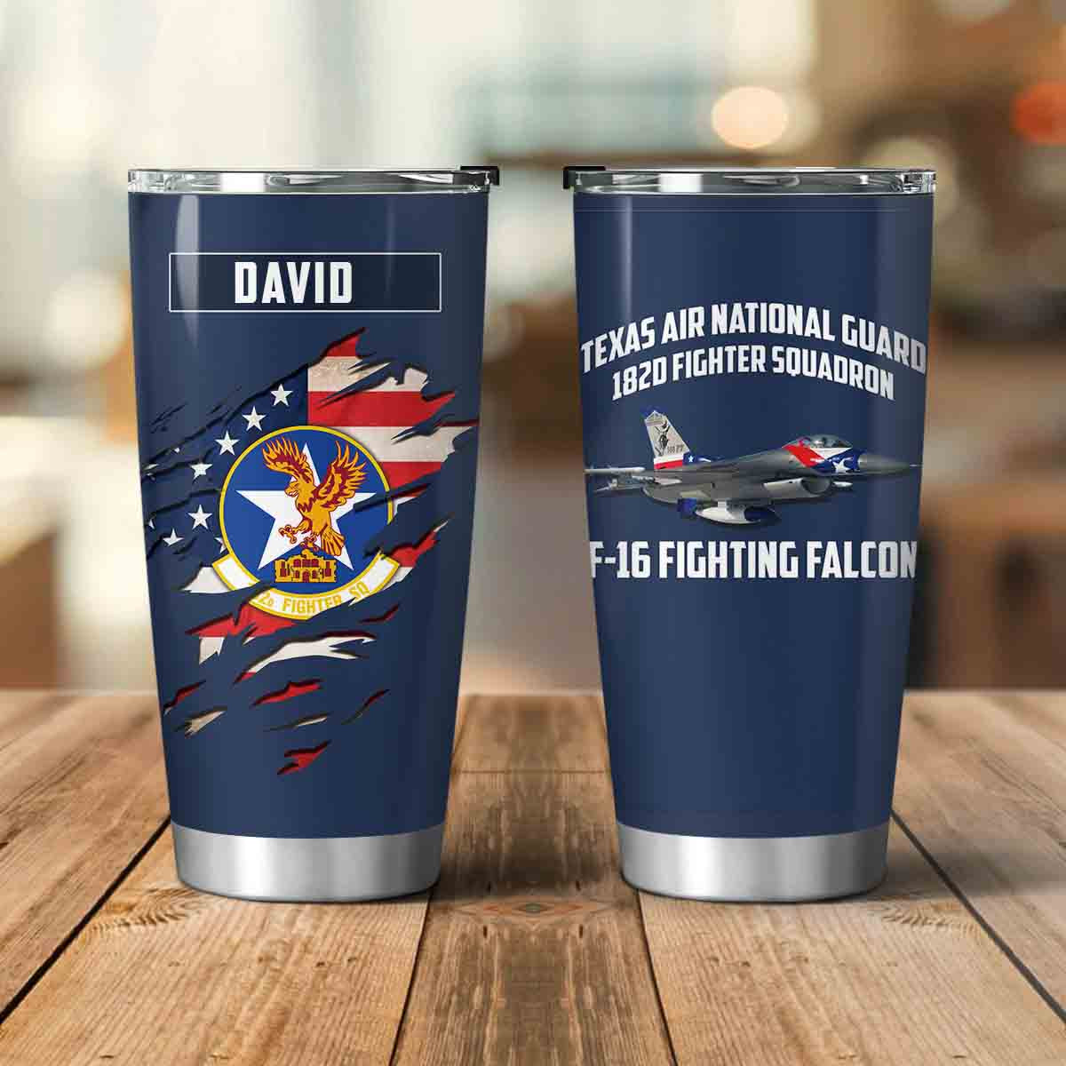 Custom Name US Air Force Texas Air National Guard 182d Fighter Squadron F-16 Fighting Falcon Tumbler 20oz