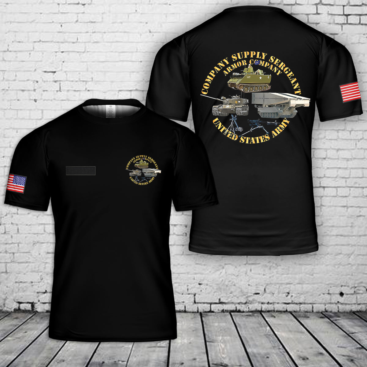 Custom Name US Army - Company Supply Sergeant - Armor Company w Weapons and Vehicles T-Shirt 3D