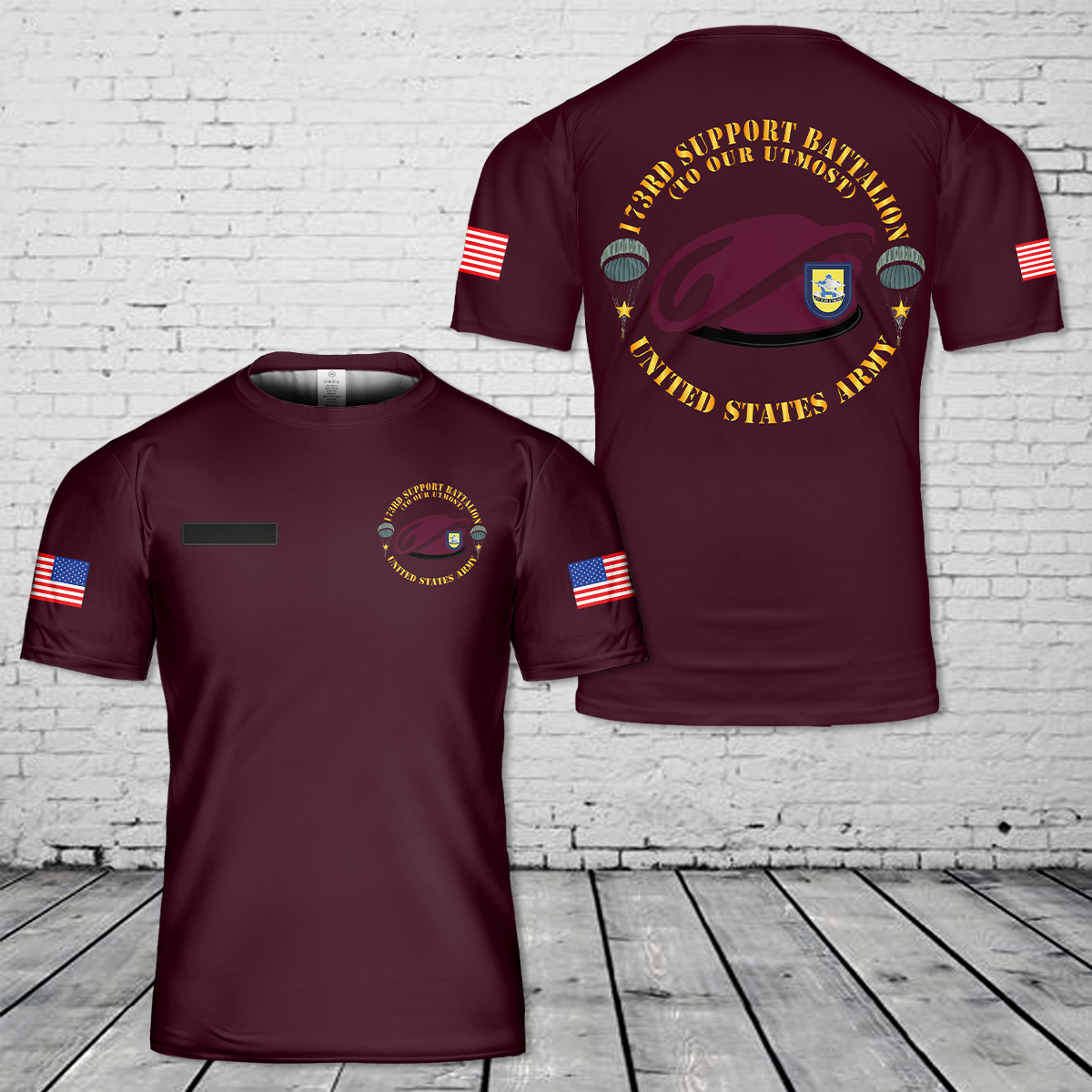 Custom Name US Army 173rd Support Battalion - To Our Utmost Maroon Beret T-Shirt 3D
