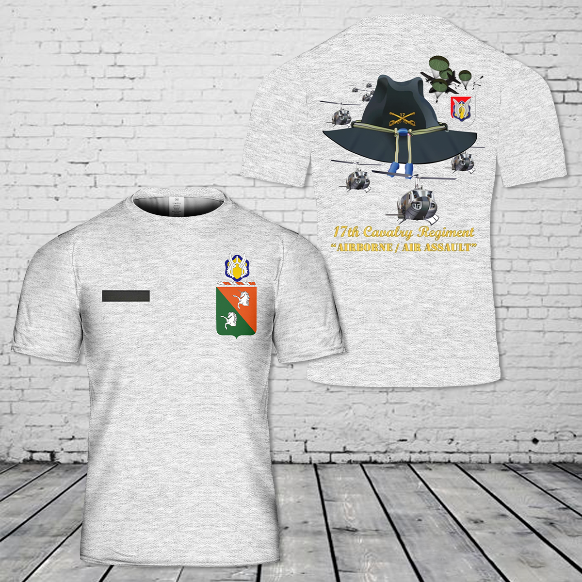 Custom Name US Army 17th Cavalry Regiment Abn - Air Assault w Br w Flash w Slicks T-Shirt 3D