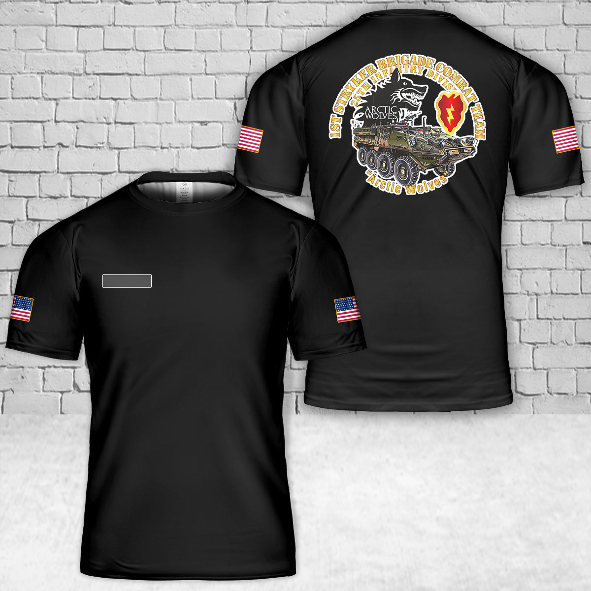 Custom Name US Army 1st Stryker Bde - 25th ID - Arctic Wolves with Stryker T-Shirt 3D