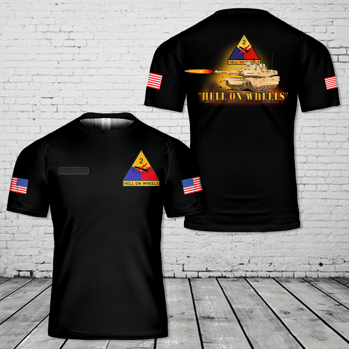 Custom Name US Army 2nd Armored Division - M1A1 Tank - Hell on Wheels with Fire T-Shirt 3D