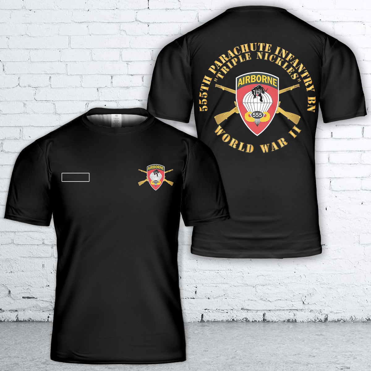 Custom Name US Army 555th Infantry Parachute Bn Triple Nickles WWII T-Shirt 3D