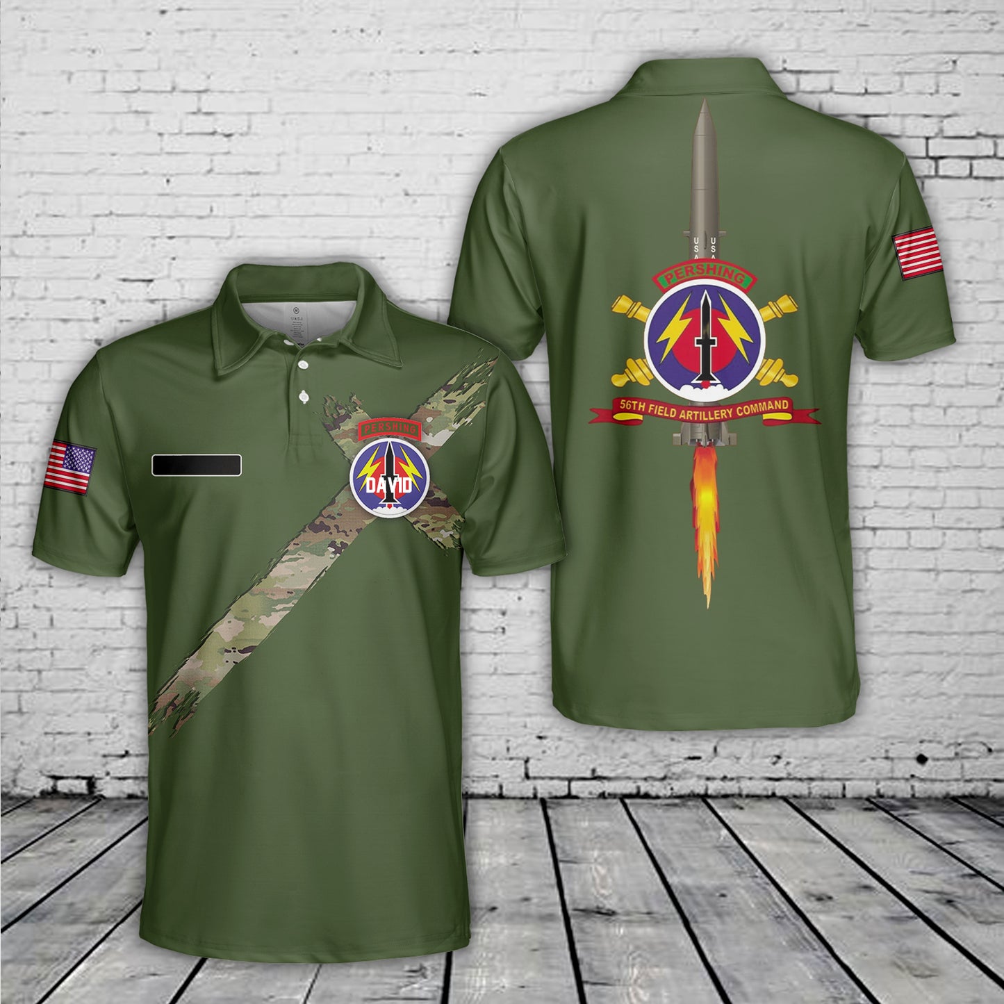 Custom Name US Army 56th Field Artillery Command w Pershing - Firing Polo Shirt