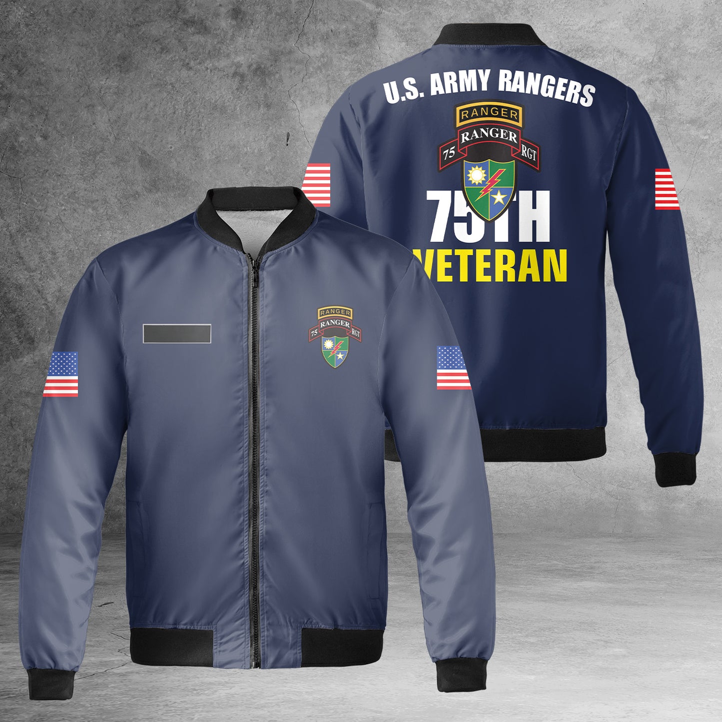 Custom Name US Army 75th Ranger Regiment Veteran AOP Fleece Bomber Jacket