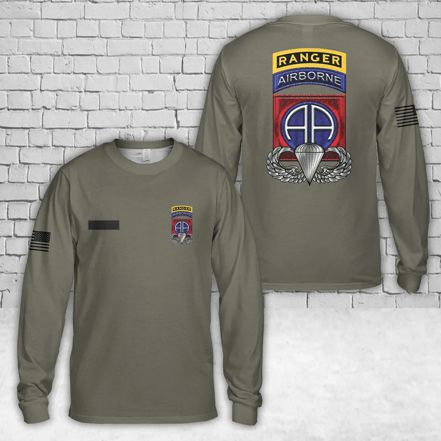 Custom Name US Army 82nd Airborne Division with Ranger Tab AOP Long Sleeve Shirt