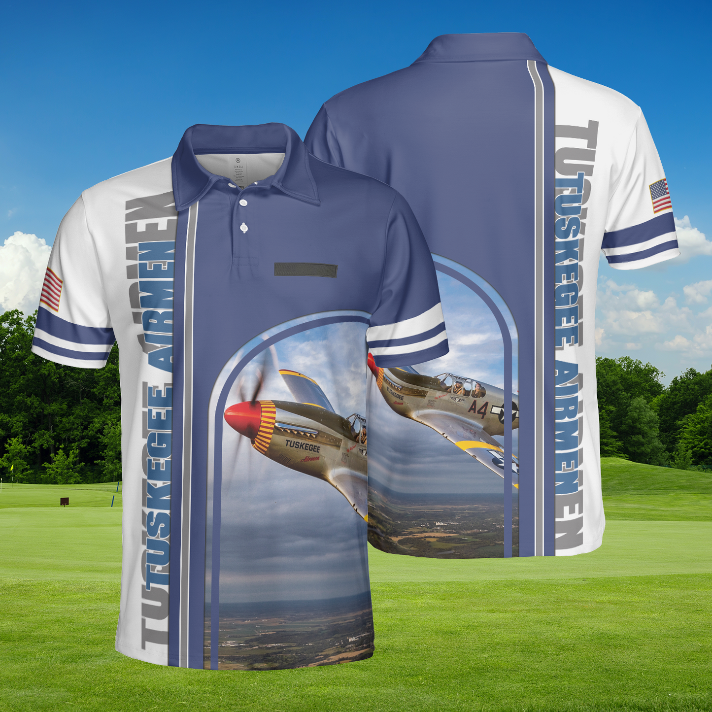 Custom Name US Army Air Forces Tuskegee Airmen P-51 Mustang Polo Shirt