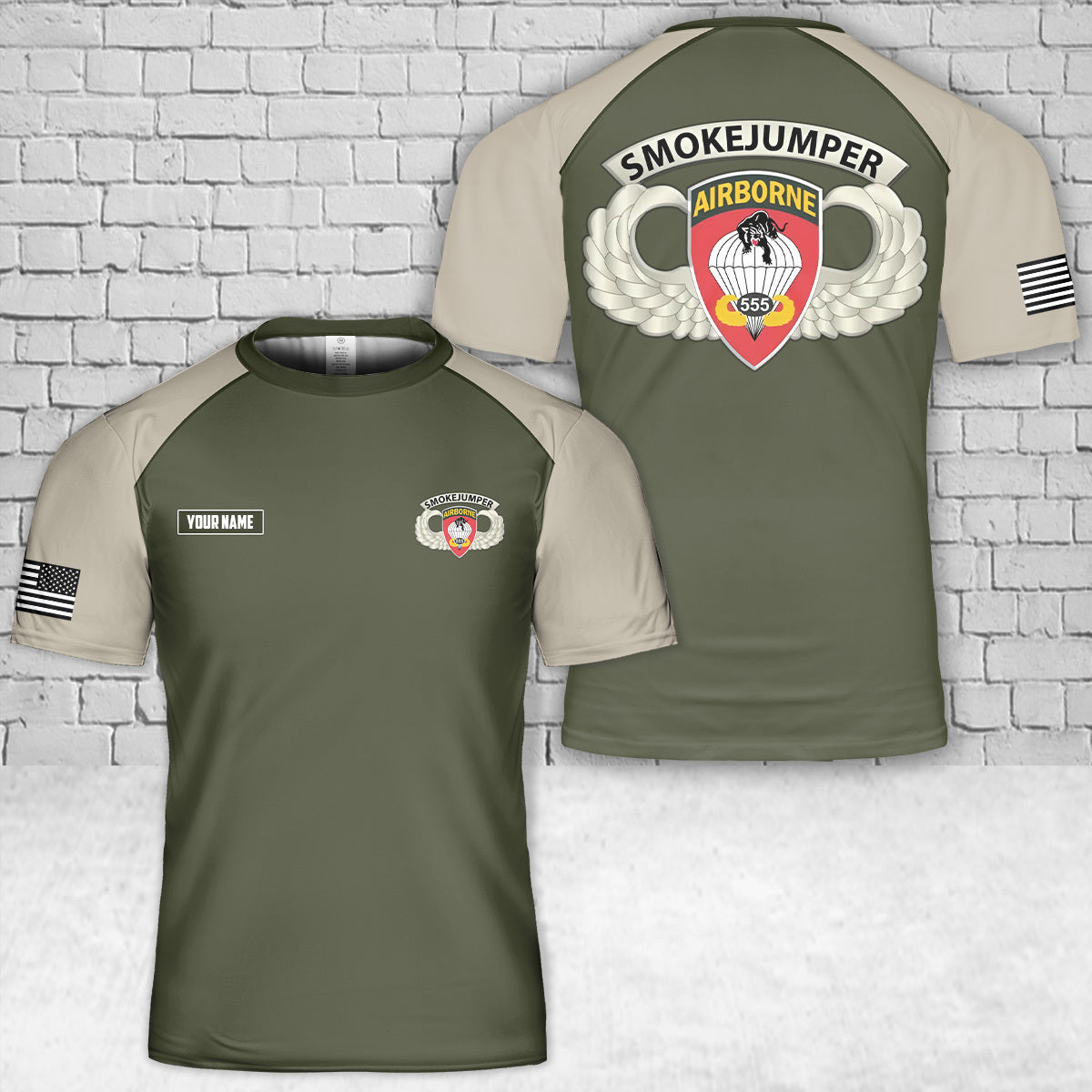 Custom Name US Army Airborne Badge - 555th Parachute Infantry Bn - SSI w SmokeJumper Tab T-Shirt 3D
