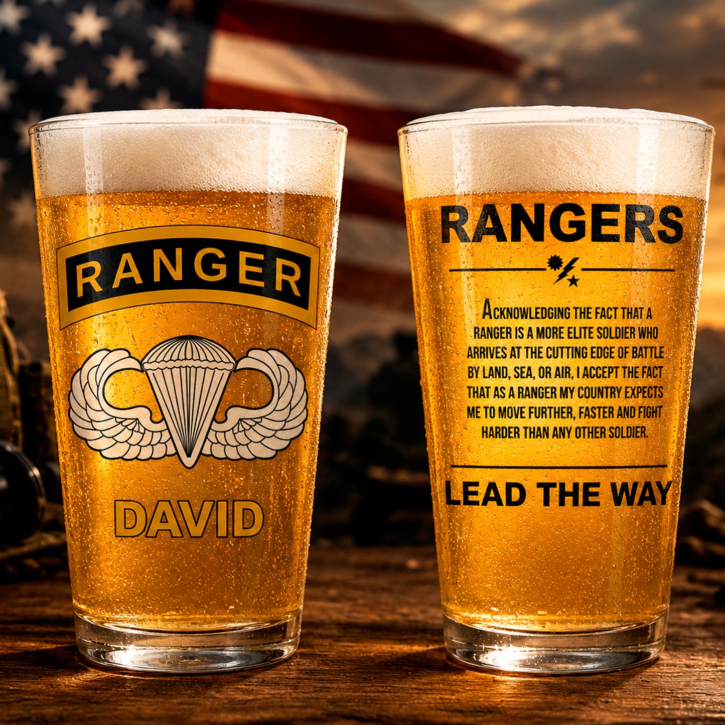 Custom Name US Army Airborne Ranger 16oz Pint Beer Glass