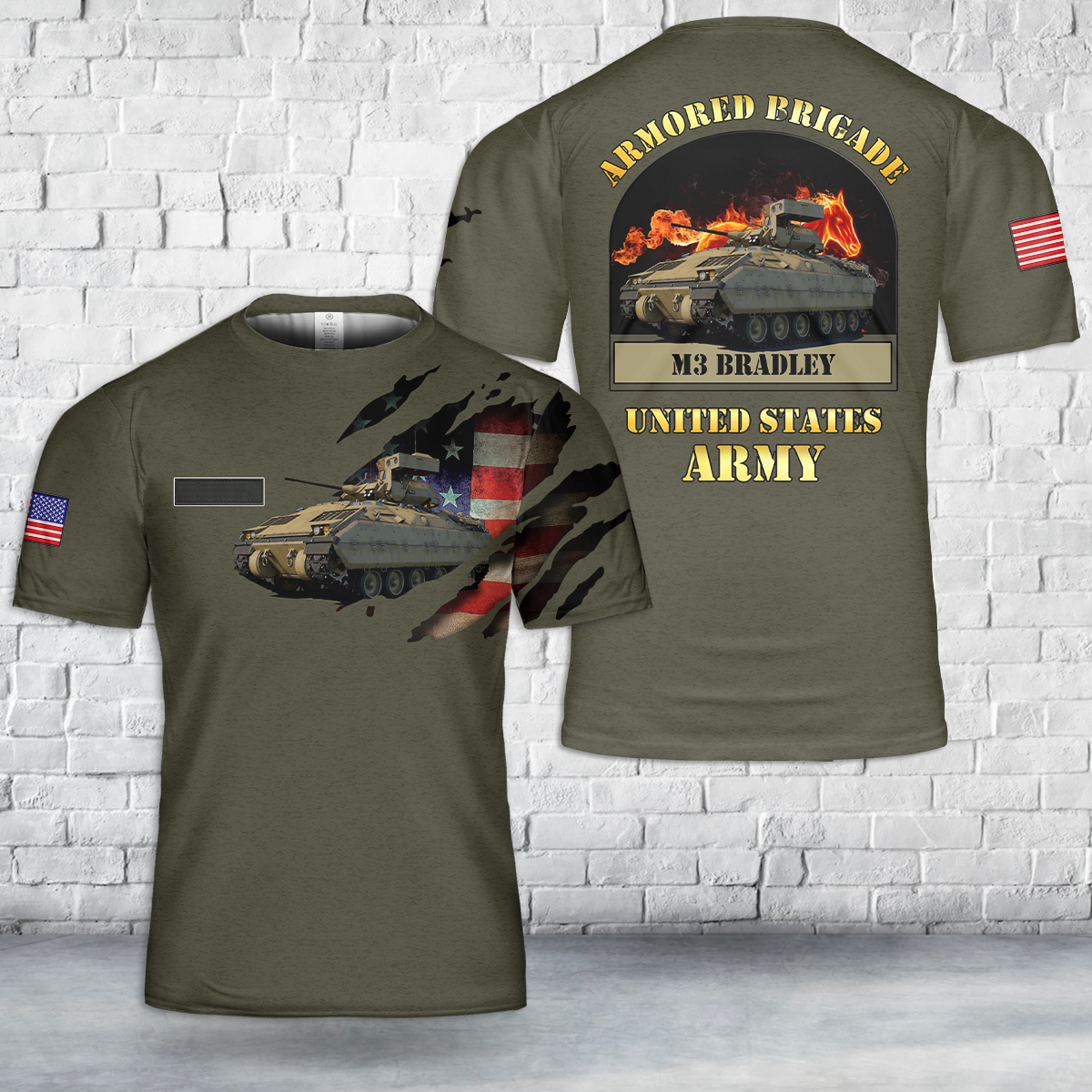 Custom Name US Army Armored Brigade M3 Bradley Fighting Vehicle T-Shirt 3D