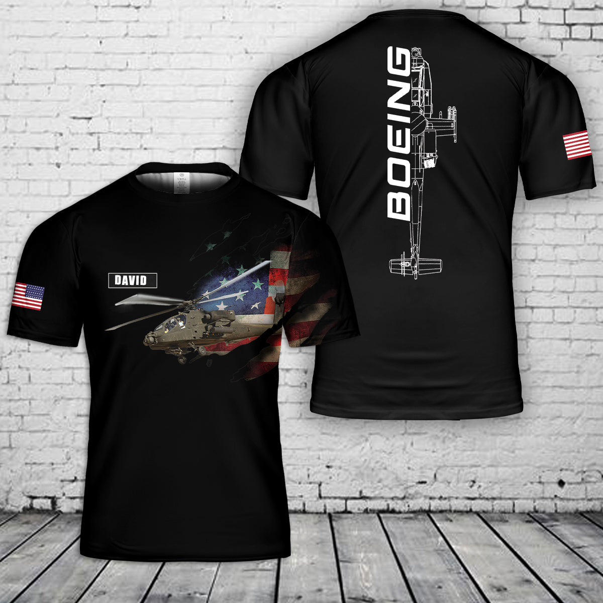 Custom Name US Army Boeing AH-64 Apache 3D T-Shirt