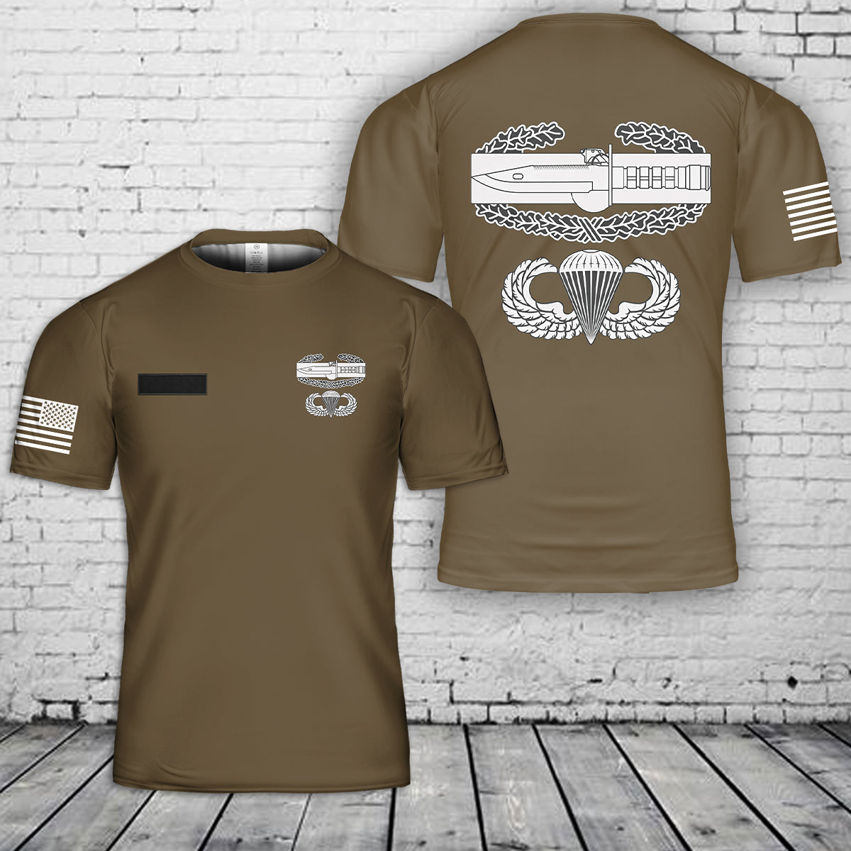 Custom Name US Army Combat Action Badge and Airborne wings T-Shirt 3D