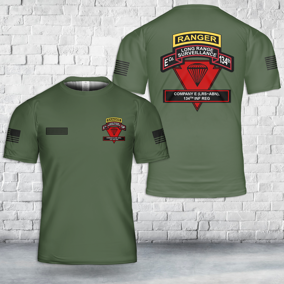 Custom Name US Army Company E Long Range Surveillance, 134th Infantry Regiment T-Shirt 3D