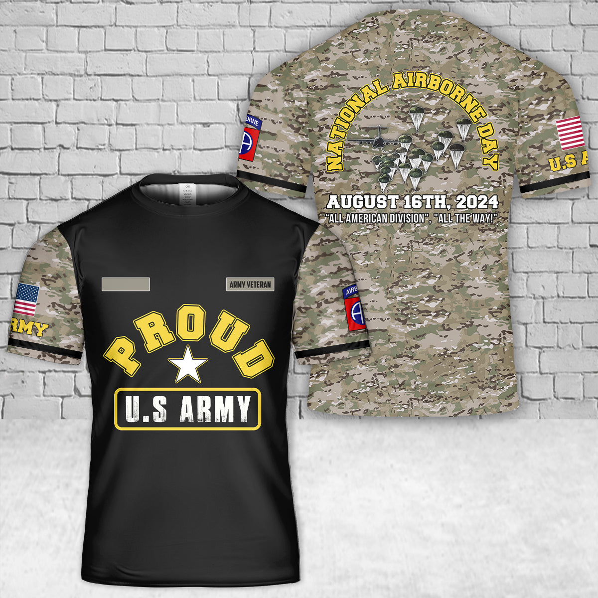Custom Name US Army National Airborne Day Paratroopers With The 82nd Airborne Division Parachute T-Shirt 3D