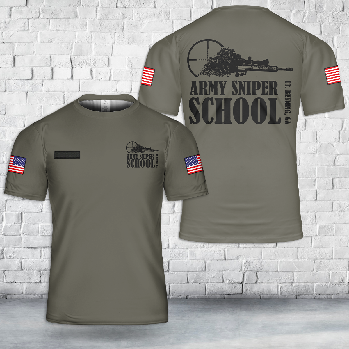Custom Name US Army Sniper School, Ft Benning GA T-Shirt 3D