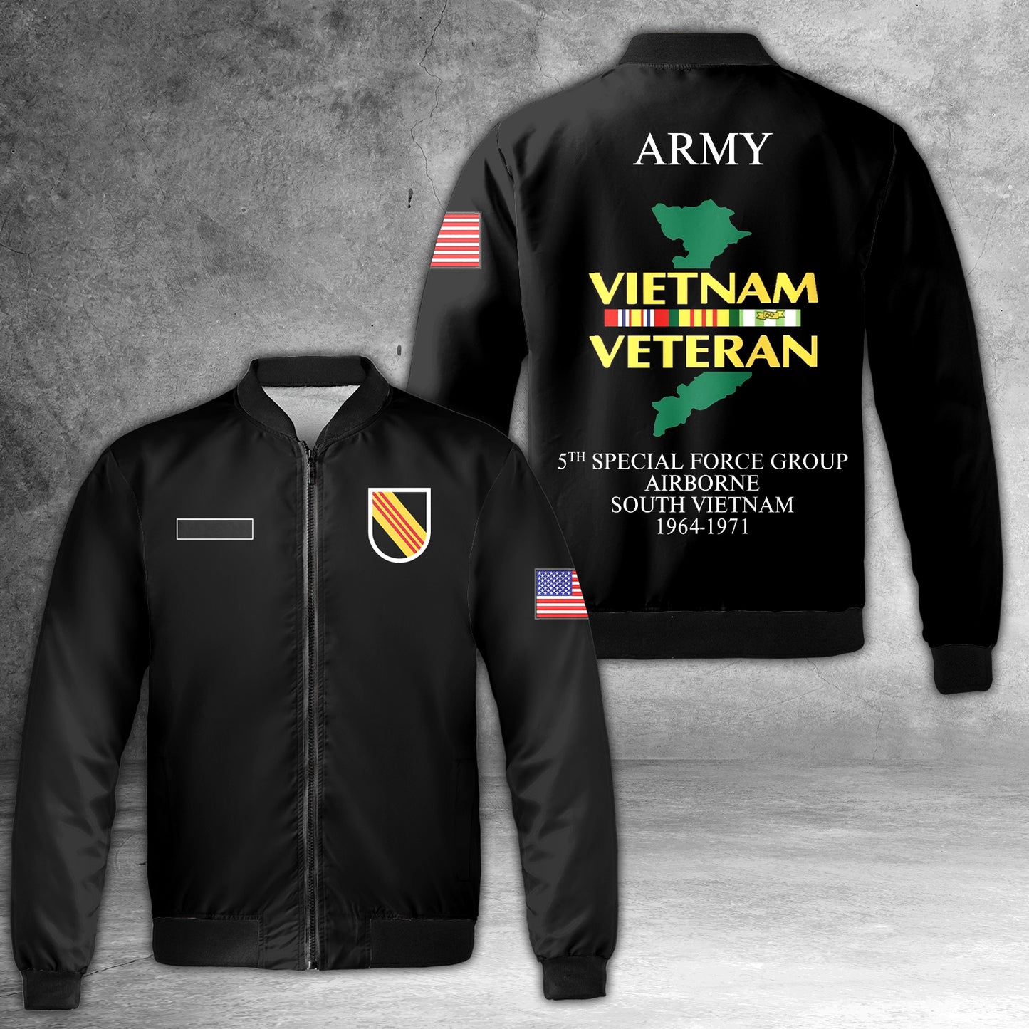 Custom Name US Army Vietnam Veteran 5th Special Forces Group (Airborne) (5th SFG (A)) AOP Fleece Bomber Jacket