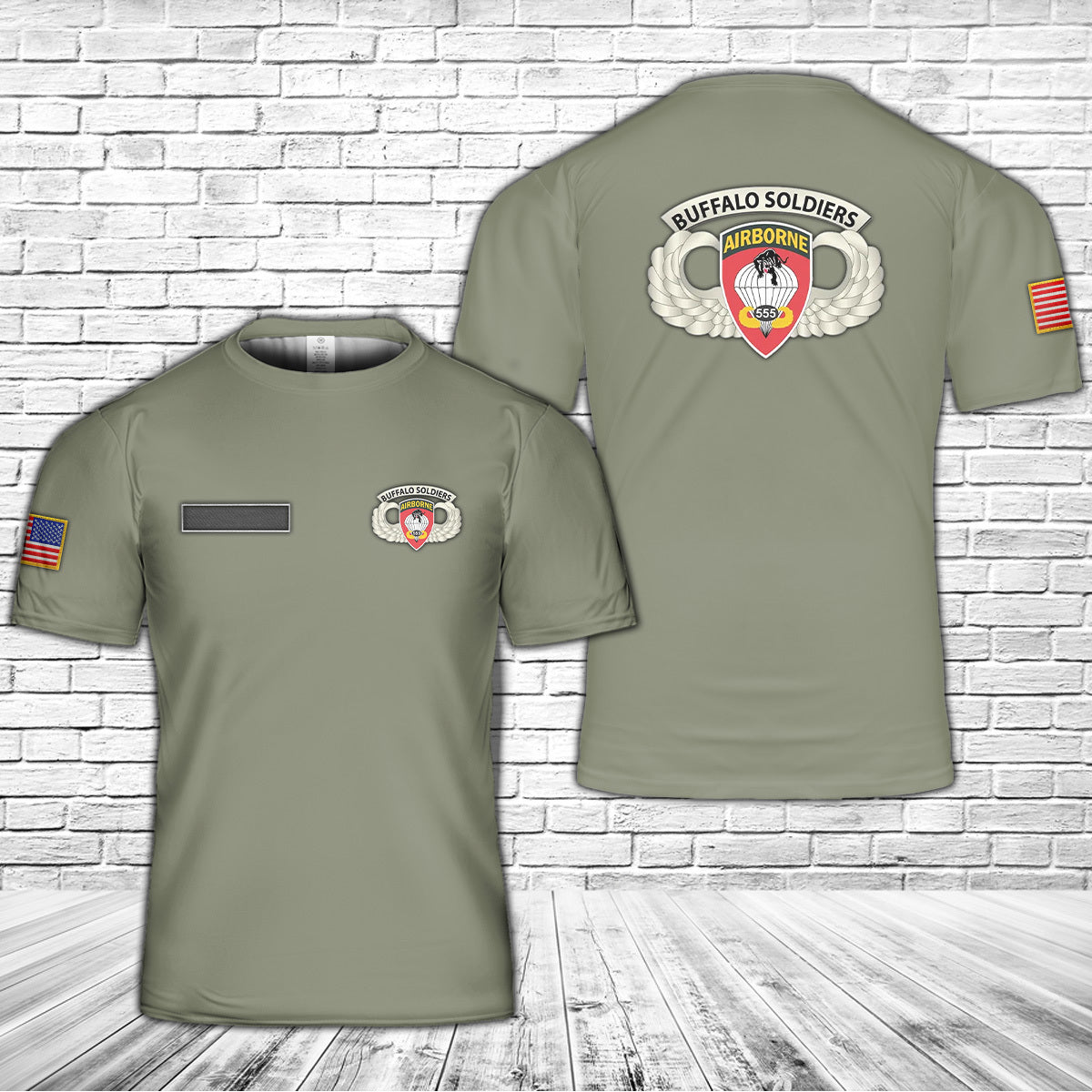 Custom Name US Army Airborne Badge - 555th Parachute Infantry Bn - SSI w Buffalo Soldiers Tab T-Shirt 3D