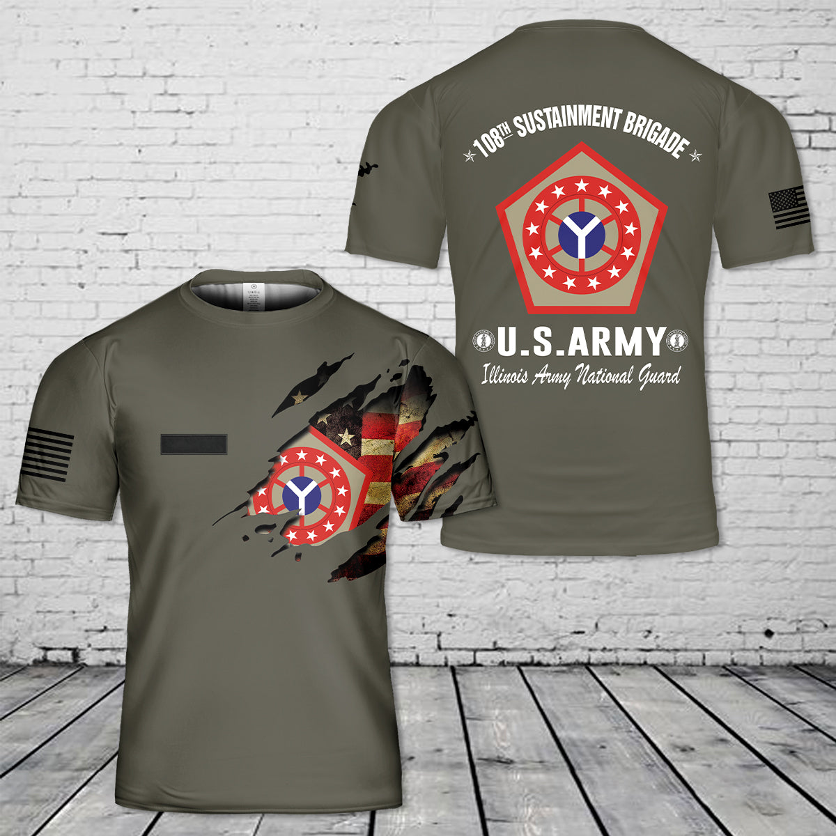 Custom Name US Army llinois Army National Guard 108th Sustainment Brigade T-Shirt 3D