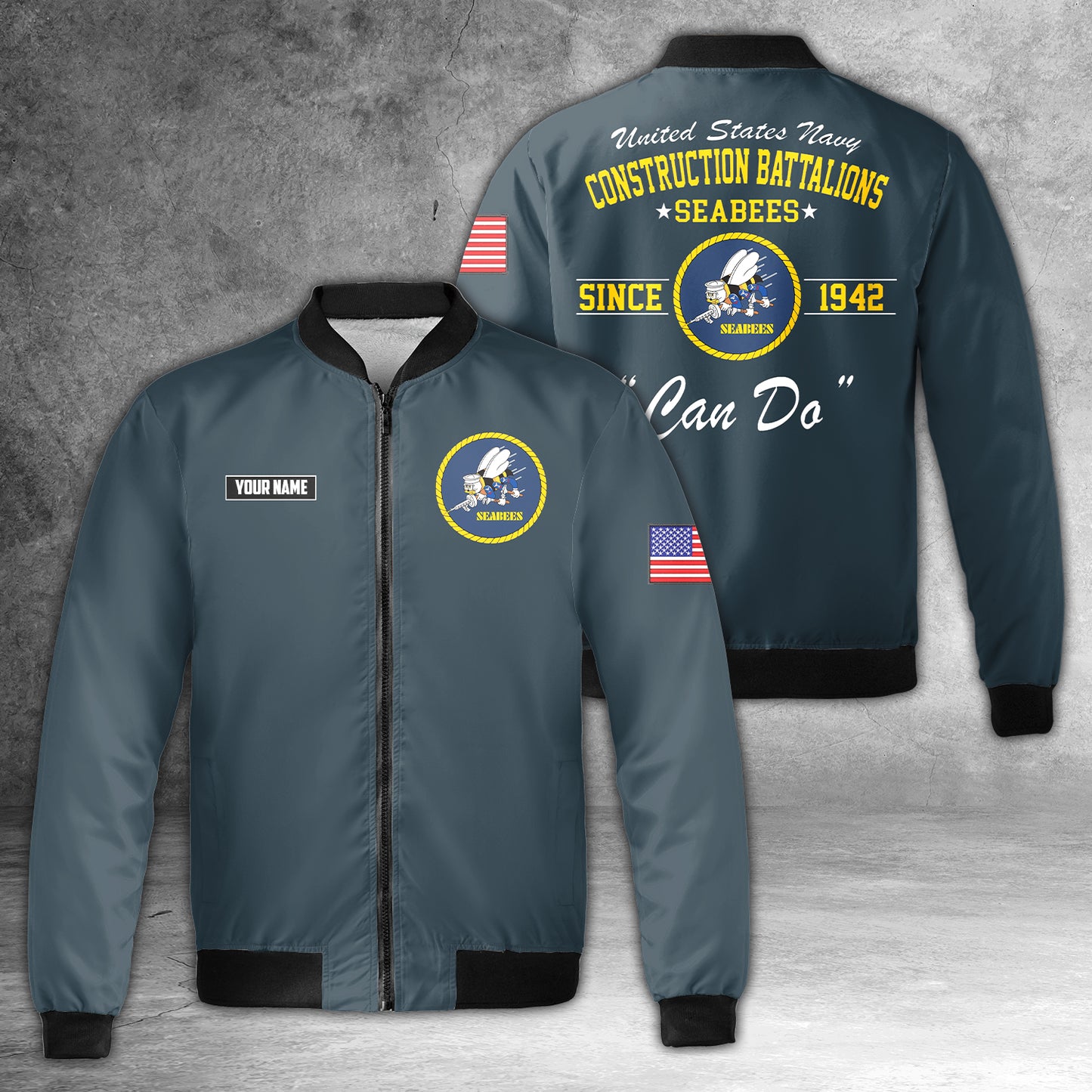 Custom Name US NAVY SEABEES Naval Construction Force (NCF) AOP Fleece Bomber Jacket