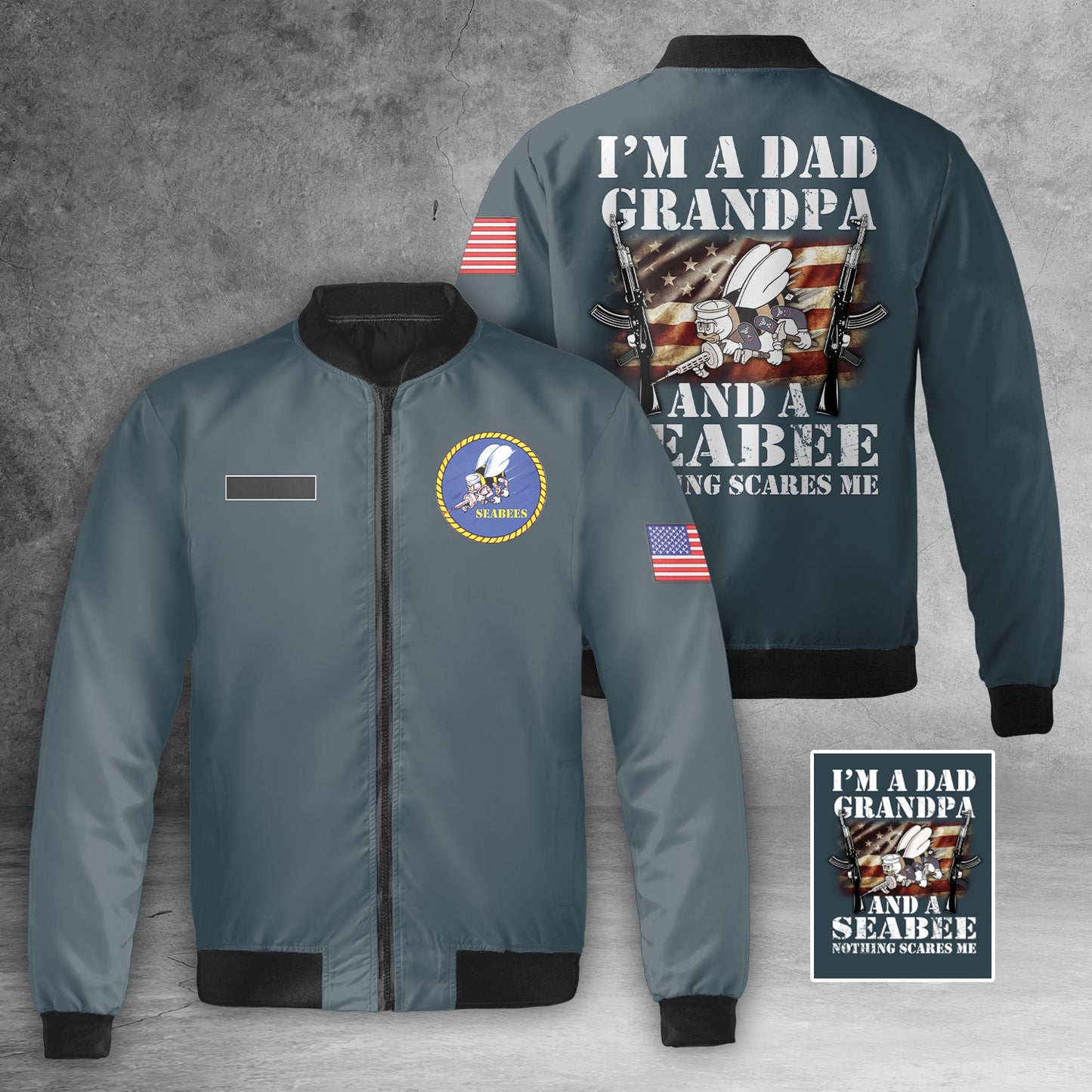 Custom Name US NAVY Seabees I Am A Dad Grandpa And Nothing Scares Me AOP Fleece Bomber Jacket