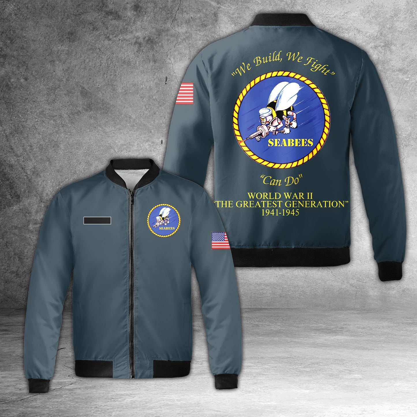Custom Name US NAVY Seabees World War II 1941-1945 AOP Fleece Bomber Jacket