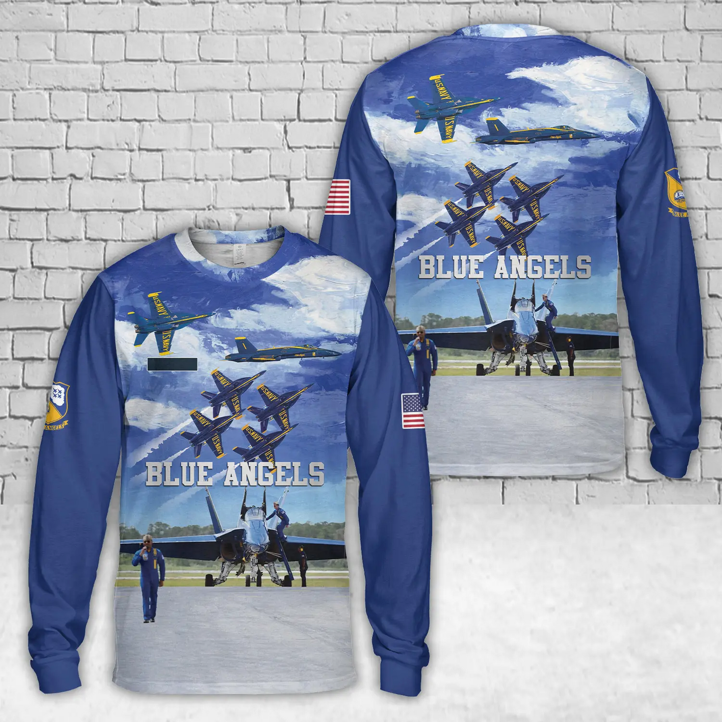 Custom Name US Navy Blue Angels AOP Long Sleeve Shirt