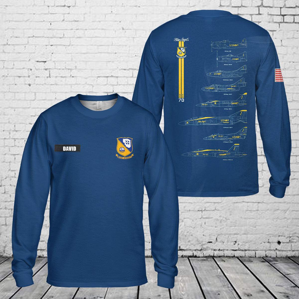 Custom Name US Navy Blue Angels Chronology 70th Blue Print AOP Long Sleeve Shirt